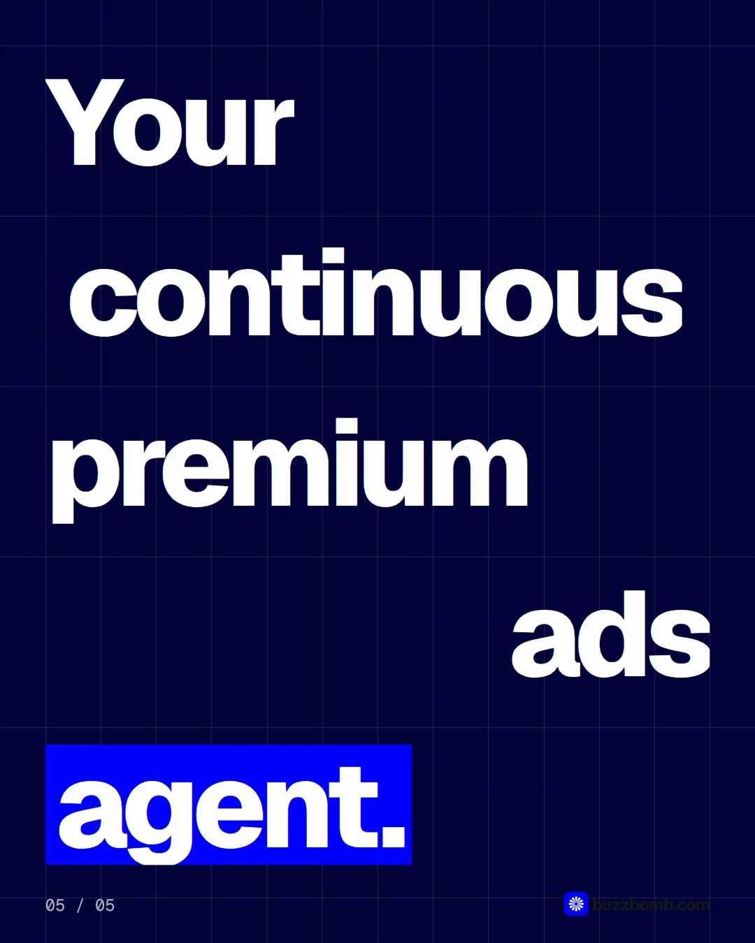 Video for BuzzBomb: "It writes opening lines and first frames, then tests them.". Kinetic type grid, 6.0 s, dark palette.
