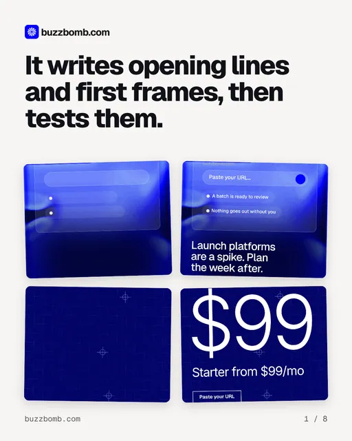 Carousel for BuzzBomb: "It writes opening lines and first frames, then tests them.". Collection carousel, 8 slides, light palette.