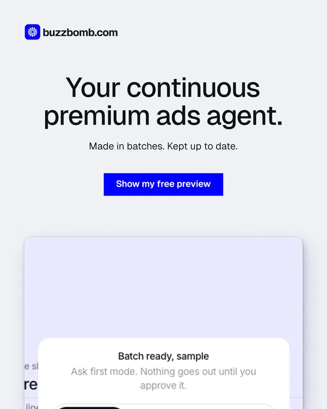 Instagram portrait post for BuzzBomb: "Your continuous premium ads agent." Swiss style, centred layout, light palette in white, blue.