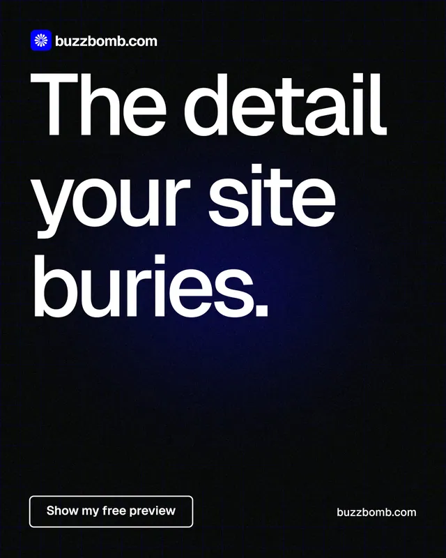 Instagram portrait post for BuzzBomb: "The detail your site buries." Phosphor atlas style, poster layout, dark palette in black, grey.