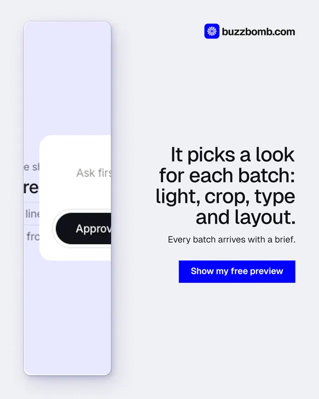 Instagram portrait post for BuzzBomb: "It picks a look for each batch: light, crop, type and layout." Swiss style, right layout, light palette in white, blue.