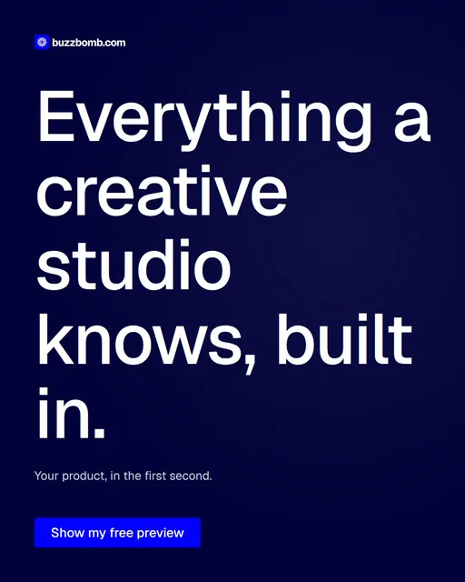 Video for BuzzBomb: "Everything a creative studio knows, built in.". Doc motion loop, 7.0 s, dark palette.