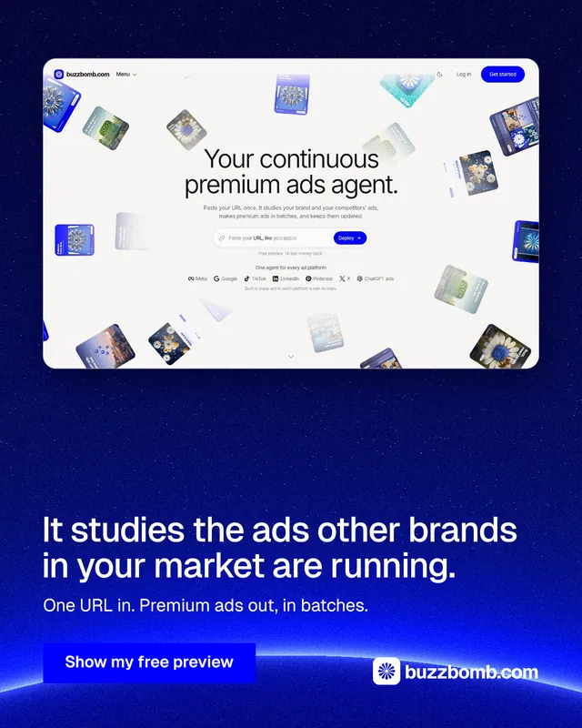 Instagram portrait post for BuzzBomb: "It studies the ads other brands in your market are running." Swiss style, bottom layout, dark palette in white, blue.