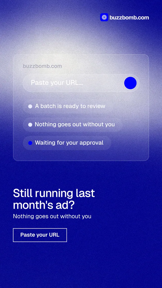 Instagram story for BuzzBomb: "Still running last month's ad?" Cyanotype style, bottom layout, dark palette in blue.