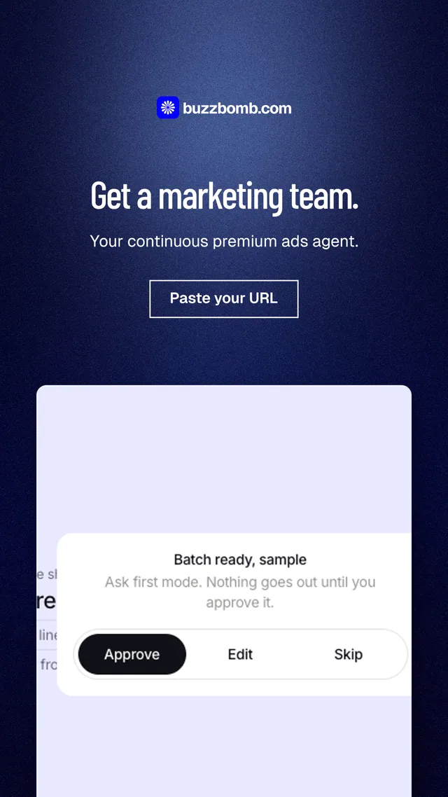 Instagram story for BuzzBomb: "Get a marketing team." Dark deco style, centred layout, light palette in black, white, blue.
