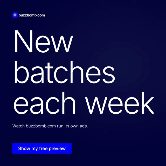 Video for BuzzBomb: "New batches each week". Doc motion loop, 7.0 s, dark palette.
