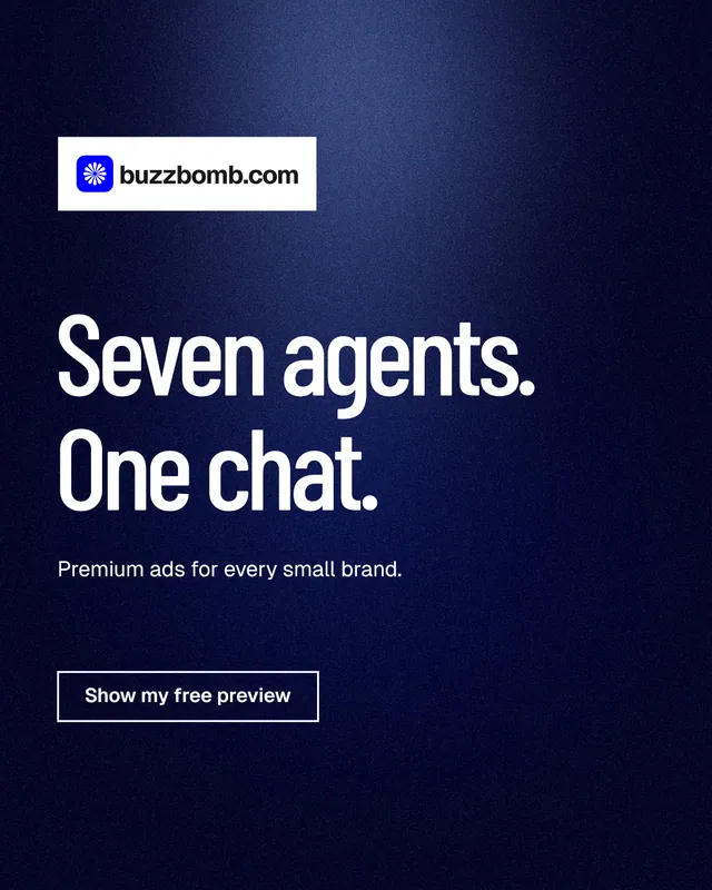 Instagram portrait post for BuzzBomb: "Seven agents. One chat." Dark deco style, announce layout, dark palette in blue, black.