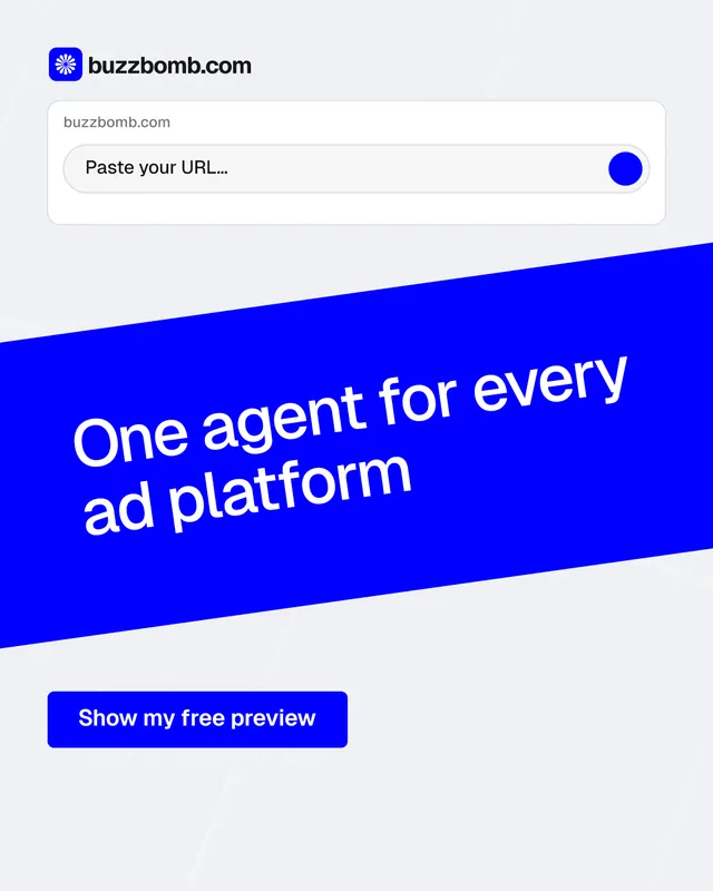 Instagram portrait post for BuzzBomb: "One agent for every ad platform". Data card style, diagonal layout, light palette in white, blue.