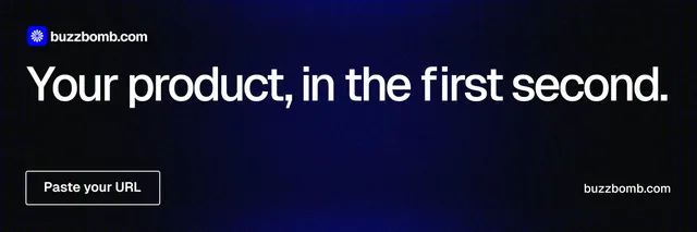 X header for BuzzBomb: "Your product, in the first second." Phosphor atlas style, poster layout, dark palette in black, blue, grey.