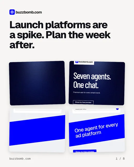 Carousel for BuzzBomb: "Launch platforms are a spike. Plan the week after.". Collection carousel, 8 slides, light palette.