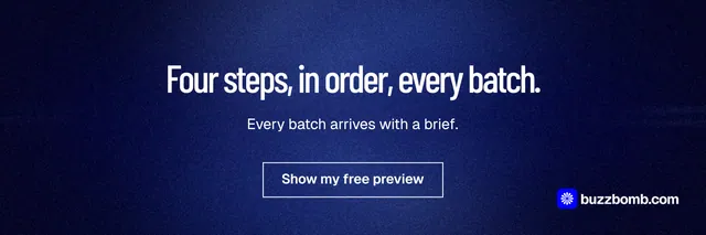 X header for BuzzBomb: "Four steps, in order, every batch." Dark deco style, centred layout, dark palette in black, blue.