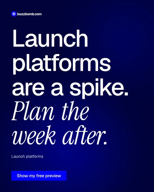 Video for BuzzBomb: "Launch platforms are a spike. Plan the week after.". Doc motion loop, 8.0 s, dark palette.