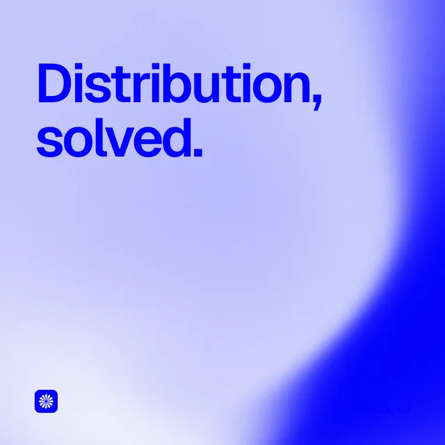 Instagram post for BuzzBomb: "Distribution, solved." Auto 1x1 style, technique:shader field layout, light palette in blue, white.