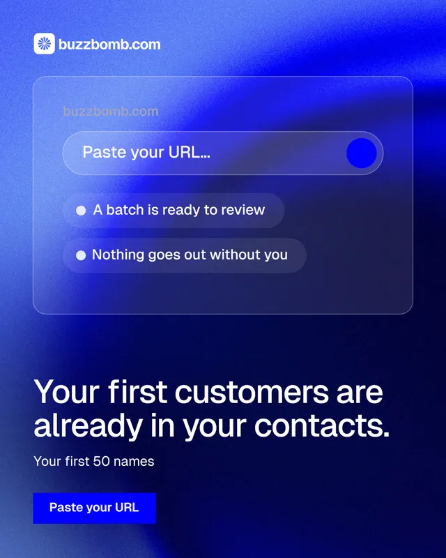 Instagram portrait post for BuzzBomb: "Your first customers are already in your contacts." Swiss style, bottom layout, dark palette in blue.