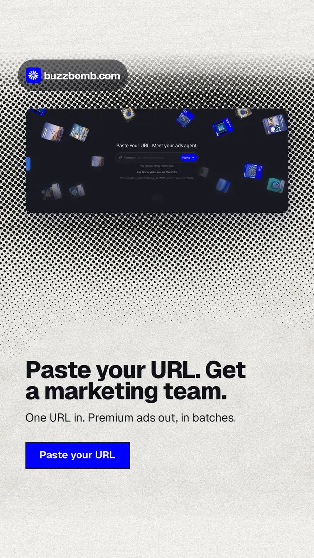 Instagram story for BuzzBomb: "Paste your URL. Get a marketing team." Ink sticker style, bottom layout, light palette in blue, white, grey.