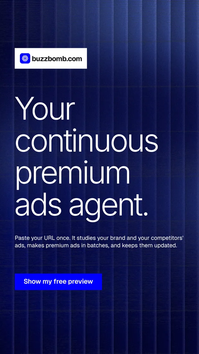Instagram story for BuzzBomb: "Your continuous premium ads agent." Swiss style, announce layout, dark palette in blue.
