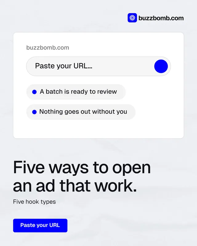 Instagram portrait post for BuzzBomb: "Five ways to open an ad that work." Data card style, bottom layout, light palette in white, blue.