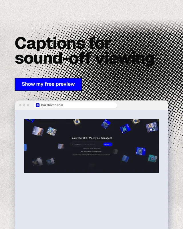 Instagram portrait post for BuzzBomb: "Captions for sound-off viewing". Ink sticker style, browser layout, light palette in blue, white, grey.