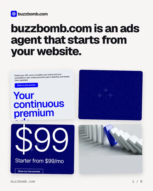 Carousel for BuzzBomb: "buzzbomb.com is an ads agent that starts from your website.". Collection carousel, 8 slides, light palette.