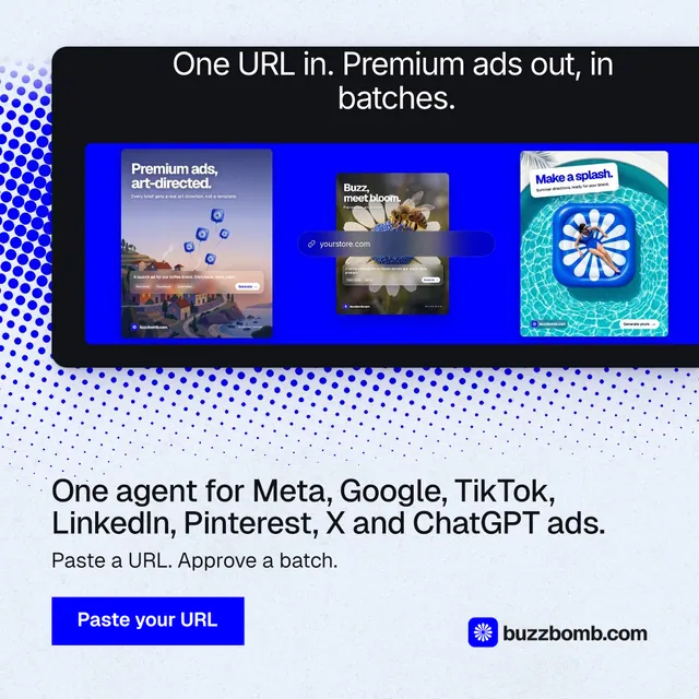 Instagram post for BuzzBomb: "One agent for Meta, Google, TikTok, LinkedIn, Pinterest, X and ChatGPT ads." Swiss style, bottom layout, light palette in blue, white.