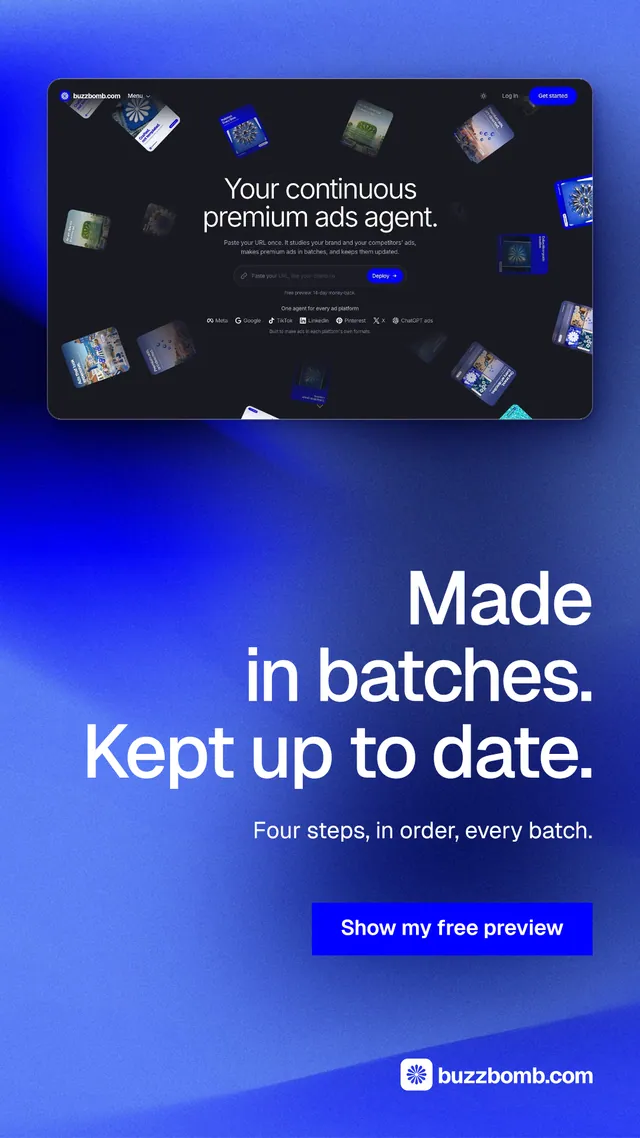 Instagram story for BuzzBomb: "Made in batches. Kept up to date." Swiss style, right layout, dark palette in blue.
