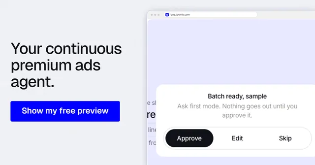 Social ad for BuzzBomb: "Your continuous premium ads agent." Data card style, browser layout, light palette in white, blue.