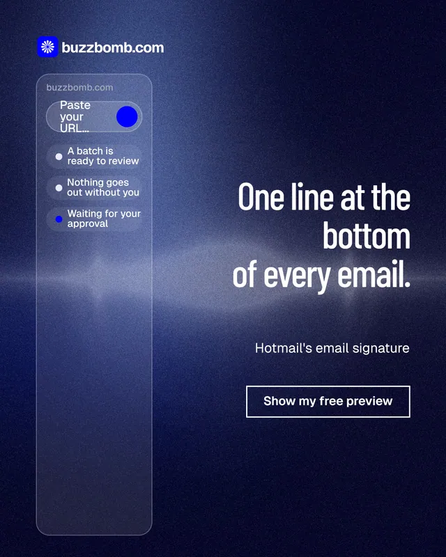 Instagram portrait post for BuzzBomb: "One line at the bottom of every email." Dark deco style, right layout, dark palette in black, blue.