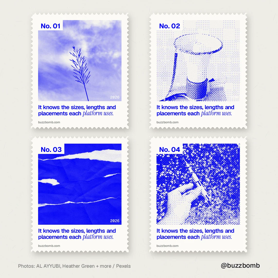 Instagram post for BuzzBomb: "It knows the sizes, lengths and placements each platform uses." Sheet style, technique:stamp series layout, light palette in white, blue.
