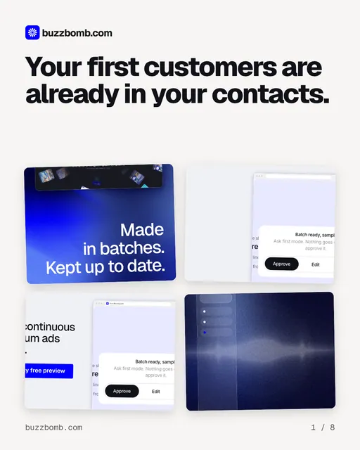 Carousel for BuzzBomb: "Your first customers are already in your contacts.". Collection carousel, 8 slides, light palette.