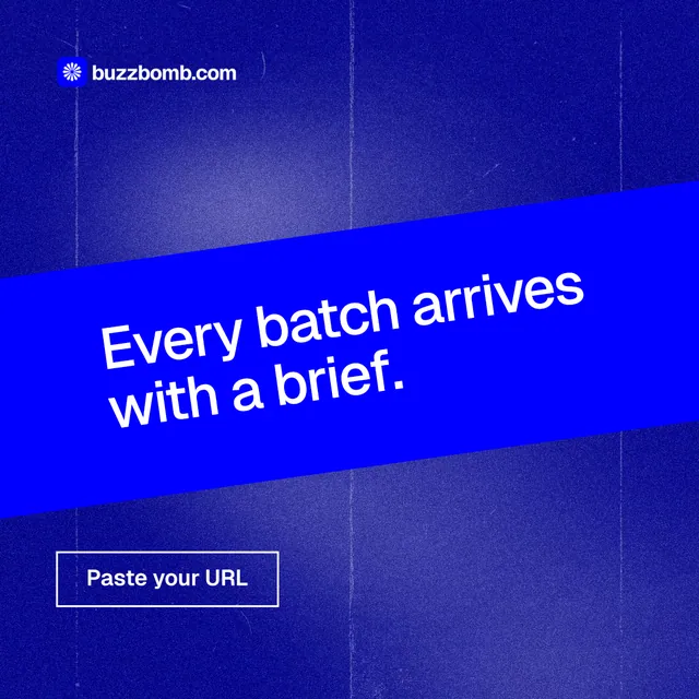 Instagram post for BuzzBomb: "Every batch arrives with a brief." Cyanotype style, diagonal layout, dark palette in blue.