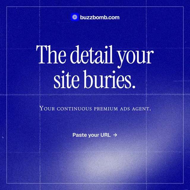 Instagram post for BuzzBomb: "The detail your site buries." Editorial style, smallcaps layout, dark palette in blue.