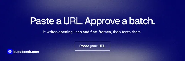 X header for BuzzBomb: "Paste a URL. Approve a batch." Cyanotype style, centred layout, dark palette in blue.