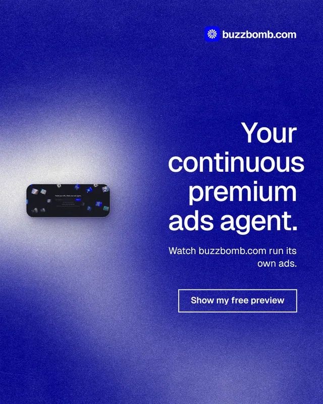 Instagram portrait post for BuzzBomb: "Your continuous premium ads agent." Cyanotype style, right layout, dark palette in blue.