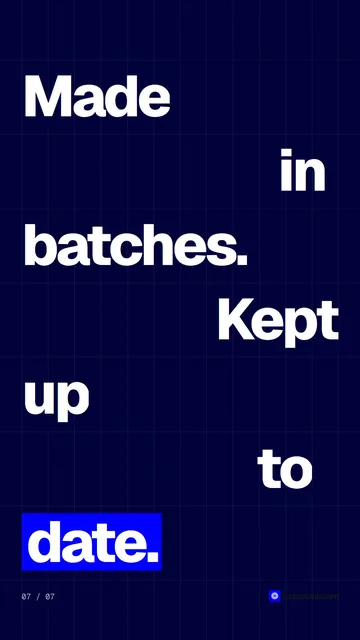 Video for BuzzBomb: "Made in batches. Kept up to date.". Kinetic type grid, 6.0 s, dark palette.
