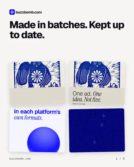 Carousel for BuzzBomb: "Made in batches. Kept up to date.". Collection carousel, 8 slides, light palette.
