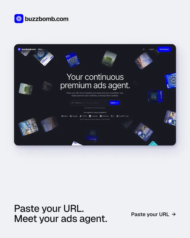 Instagram portrait post for BuzzBomb: "Paste your URL. Meet your ads agent." Swiss style, image led layout, light palette in white, black, grey.