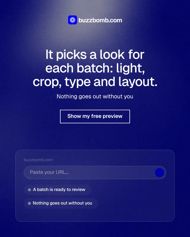 Instagram portrait post for BuzzBomb: "It picks a look for each batch: light, crop, type and layout." Cyanotype style, centred layout, dark palette in blue, grey.