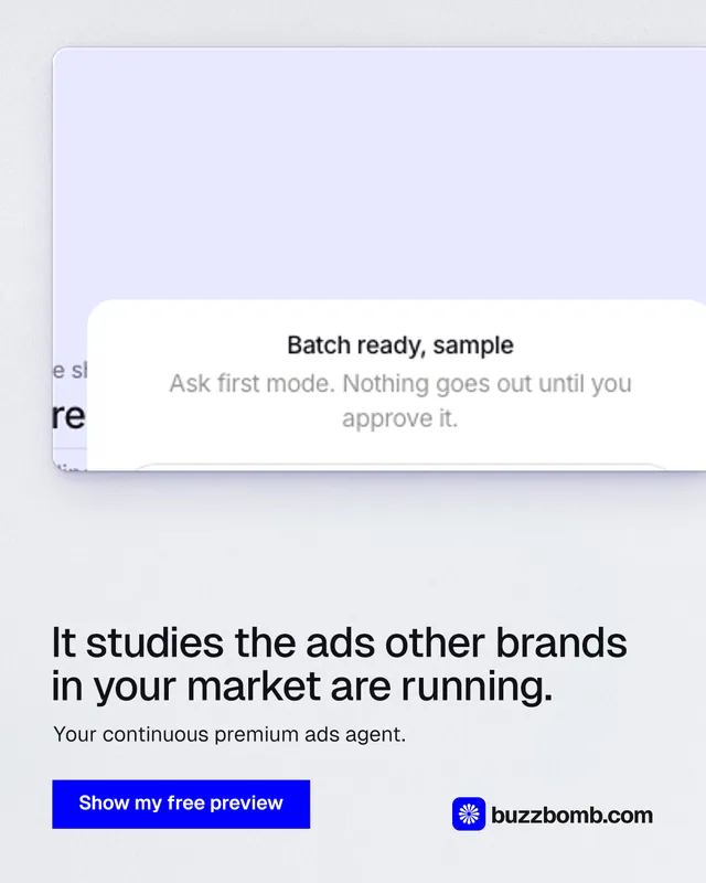 Instagram portrait post for BuzzBomb: "It studies the ads other brands in your market are running." Swiss style, bottom layout, light palette in white, blue.