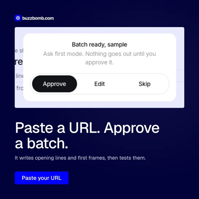 Video for BuzzBomb: "Paste a URL. Approve a batch.". Doc motion loop, 8.0 s, dark palette.
