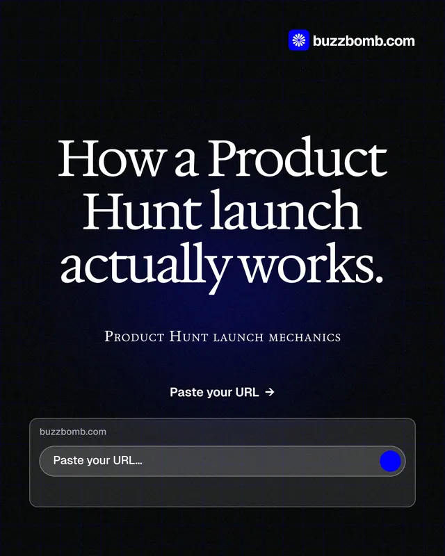 Instagram portrait post for BuzzBomb: "How a Product Hunt launch actually works." Phosphor atlas style, smallcaps layout, dark palette in black, blue, grey.