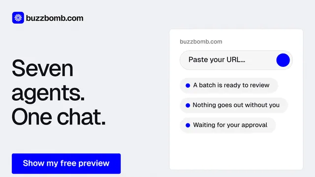 Landscape graphic for BuzzBomb: "Seven agents. One chat." Data card style, bottom layout, light palette in white, blue.