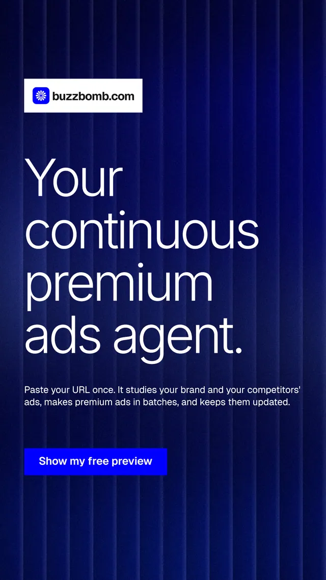 Instagram story for BuzzBomb: "Your continuous premium ads agent." Swiss style, announce layout, dark palette in blue, grey.