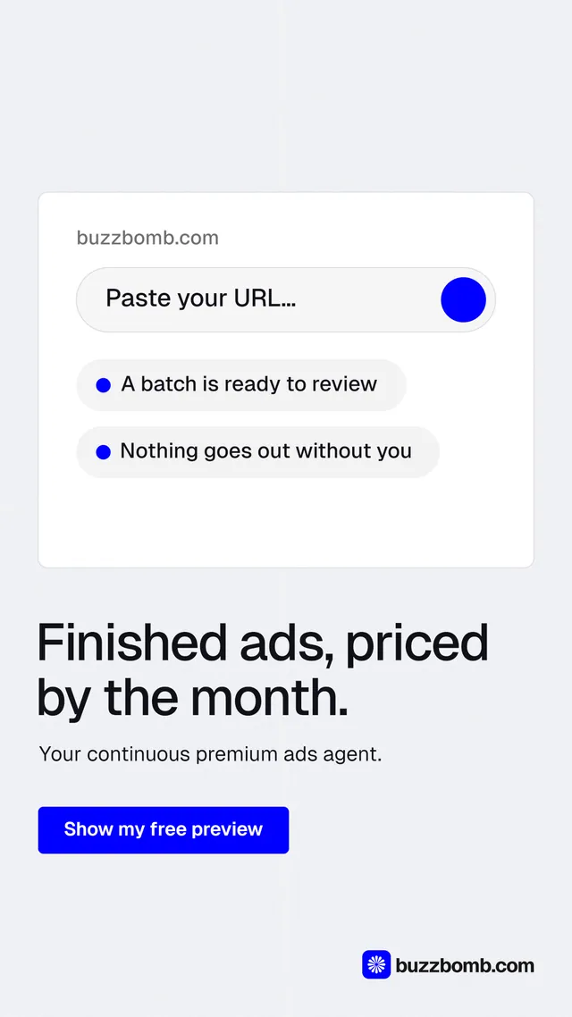 Instagram story for BuzzBomb: "Finished ads, priced by the month." Data card style, bottom layout, light palette in white, blue.