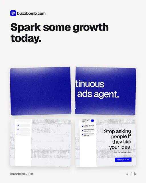 Carousel for BuzzBomb: "Spark some growth today.". Collection carousel, 8 slides, light palette.