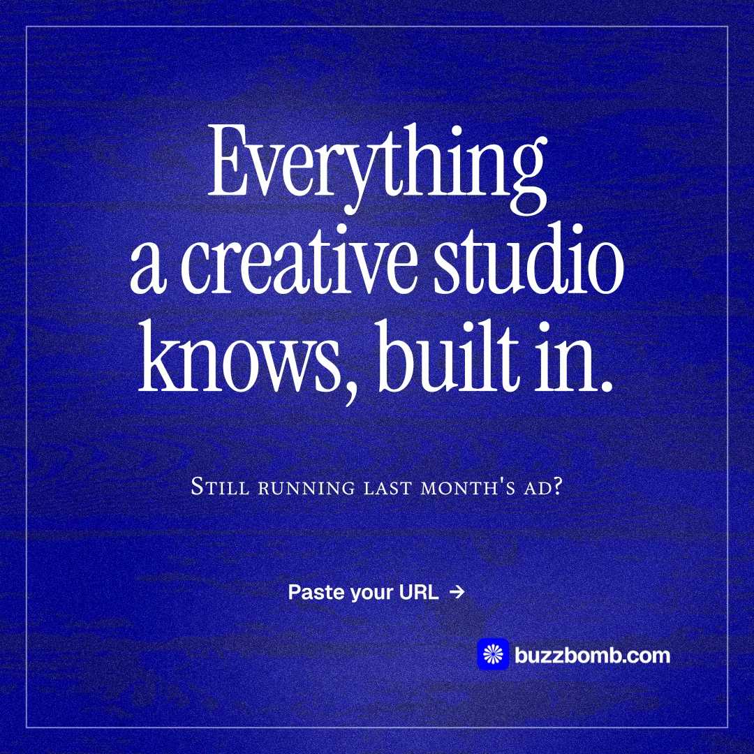 Instagram post for BuzzBomb: "Everything a creative studio knows, built in." Editorial style, smallcaps layout, dark palette in blue.