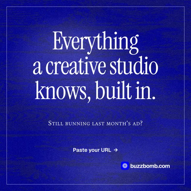 Instagram post for BuzzBomb: "Everything a creative studio knows, built in." Editorial style, smallcaps layout, dark palette in blue.