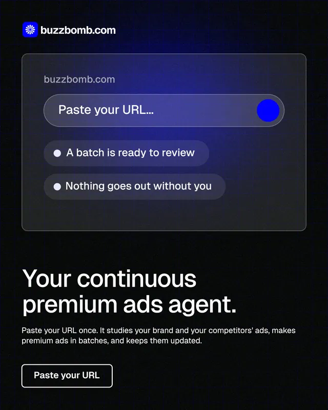 Instagram portrait post for BuzzBomb: "Your continuous premium ads agent." Phosphor atlas style, bottom layout, dark palette in blue, black.