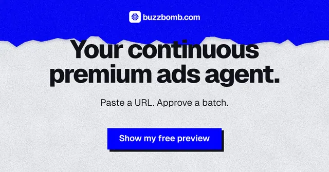 Social ad for BuzzBomb: "Your continuous premium ads agent." Paper trio style, centred layout, light palette in blue, white.