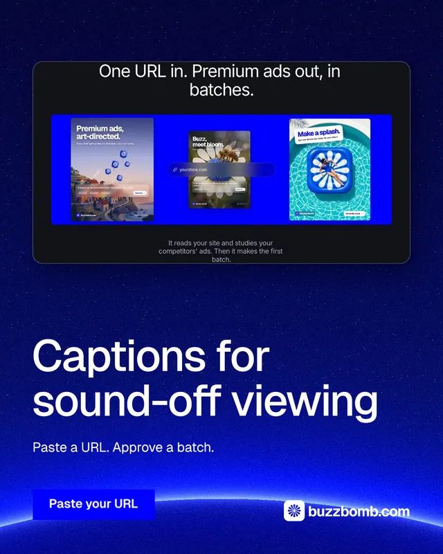 Instagram portrait post for BuzzBomb: "Captions for sound-off viewing". Swiss style, bottom layout, dark palette in blue.