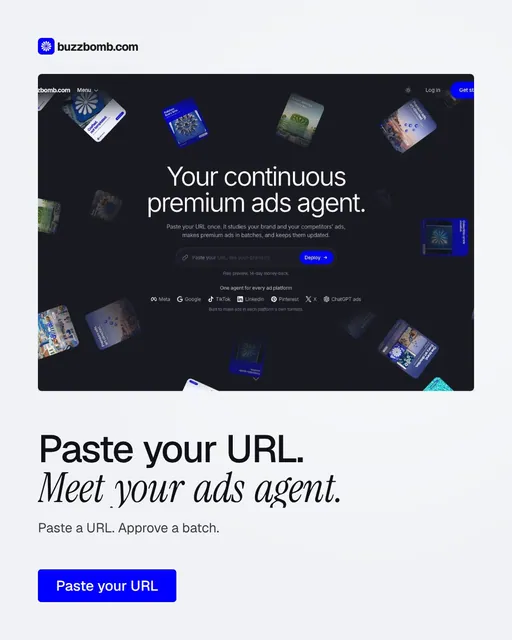 Video for BuzzBomb: "Paste your URL. Meet your ads agent.". Doc motion loop, 7.0 s, light palette.